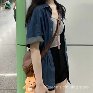 【K2aola女裝館】 Ready Stock牛仔布短款夏季薄款2024寬鬆設計感小眾香港風格半袖上衣女士襯衫