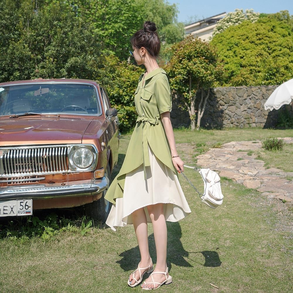 【現貨】韓系 長版洋裝 夏季赫本風氣質酪梨綠襯衫洋裝高腰法式不規則 長裙 大尺碼女裝 洋裝