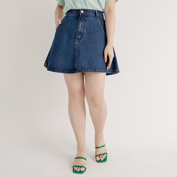 【PolyLulu】 甜酷女孩必備A字牛仔短裙(附褲) 中大尺碼裙子 中藍色