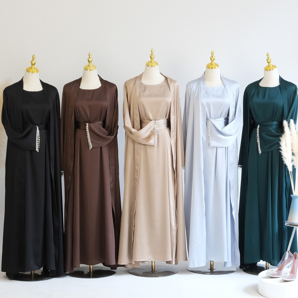 最新開齋節新設計緞面鑽石迪拜阿巴亞設計伊斯蘭服裝阿巴亞女性穆斯林服裝前開放阿巴亞