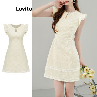 Lovito休閒素色誇張荷葉邊鈕扣質感女裝洋裝 LBA82146
