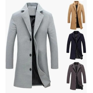 新款羊毛大衣外套長款棉質休閒風衣單排扣翻領大衣加大碼時尚羊毛混色大衣