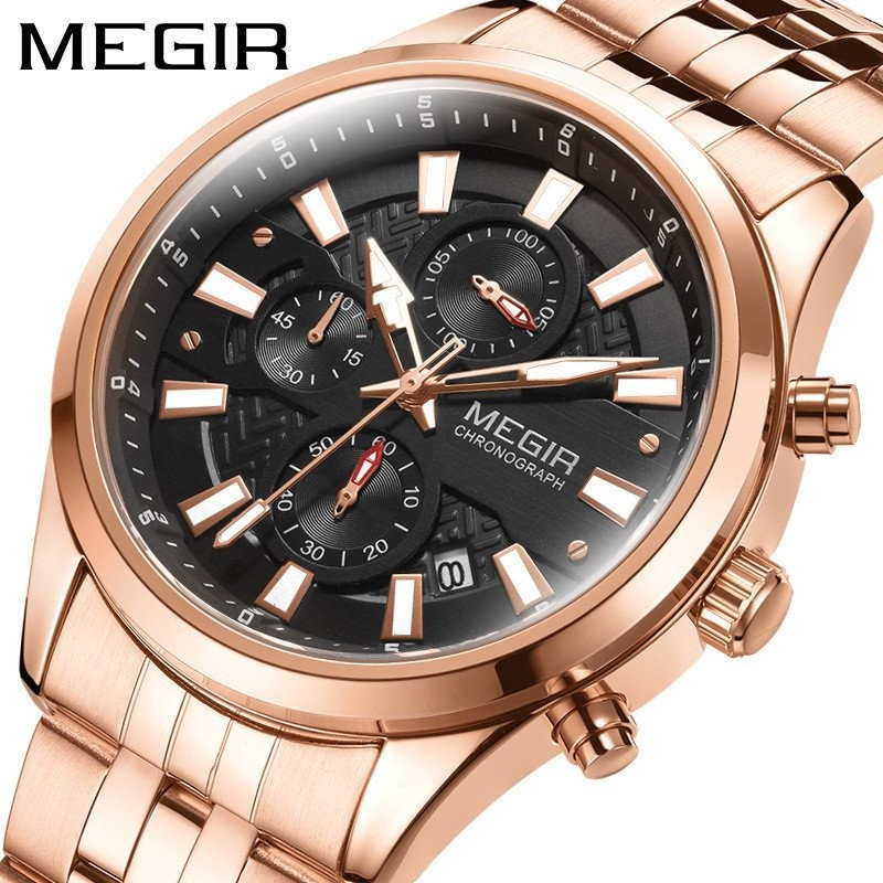 新款美格爾megir男士手錶 高檔日曆計時運動鋼帶商務石英男表2154 RQ3G