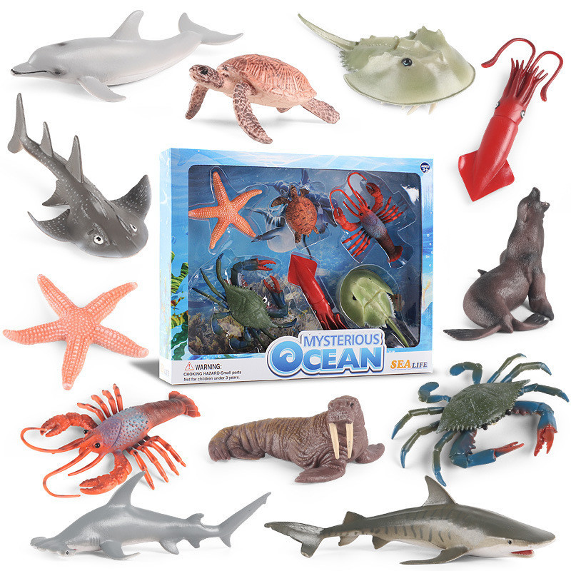 ❤樂樂屋❤仿真動物海洋動物模型玩具魷魚龍蝦螃蟹錘頭鯊海豚海星海龜擺件