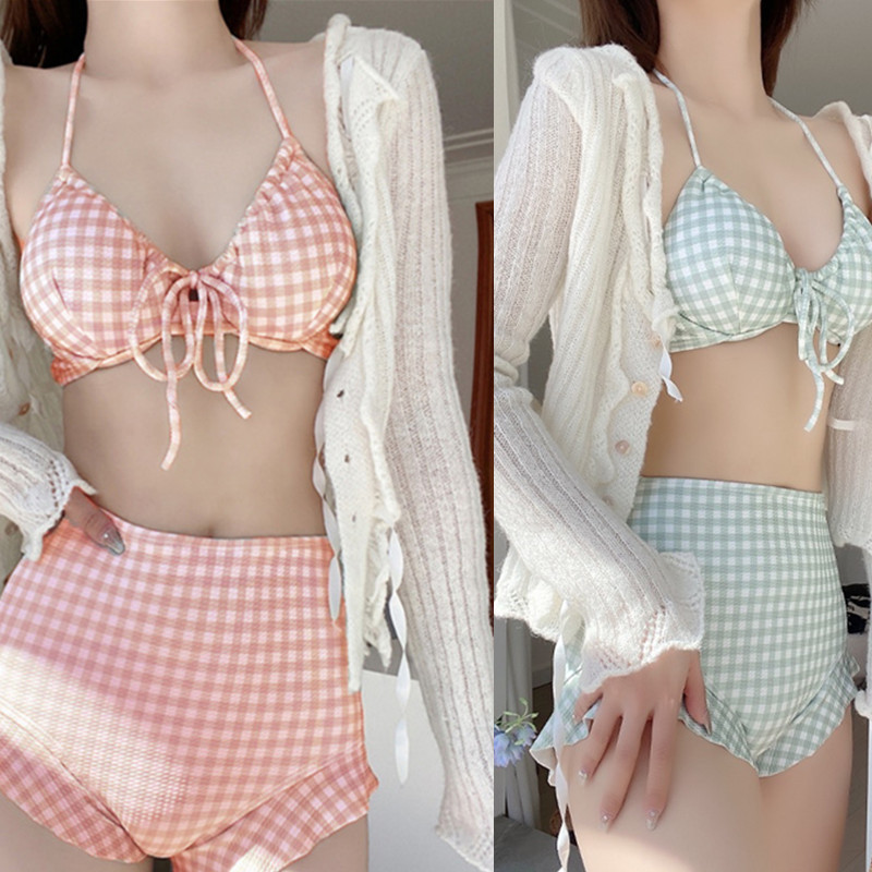 【OnlyU】◆👒少女泳衣女夏分體兩件套小清新格子比基尼BIKINI性感法式溫泉泳裝✨🌟