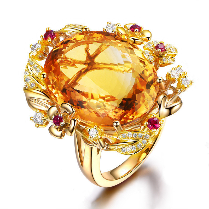 時尚女款戒指 奢華超閃璀璨櫻花盛開黃水晶彩寶戒指 花朵枝葉鑲蛋形鑽黃鑽戒指