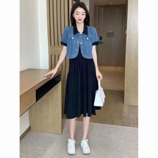 🌟Lovely愛出貨🌟大碼女裝夏季2024新款胖MM短款牛仔外套遮肚顯瘦吊帶連衣裙套裝裙