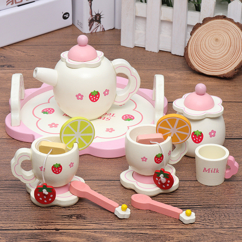 早教仿真兒童過家家 白色草莓下午茶蛋糕茶具 組合 女孩廚房玩具 木製玩具 過家家