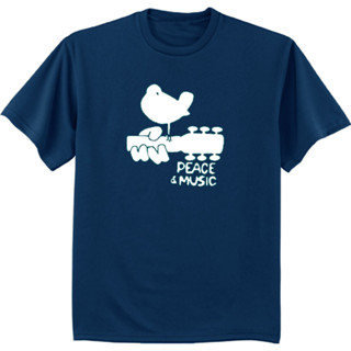 男士 T 恤 Woodstock 設計和平音樂吉他 T 恤海軍藍