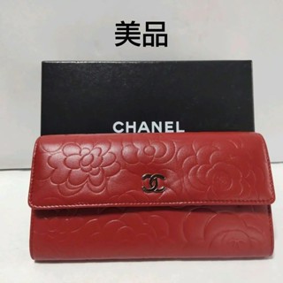 CHANEL 香奈兒 錢包 長夾 山茶花 camelia 圖案 紅色 小羊皮 mercari 日本直送 二手