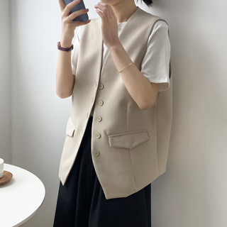 DANDT氣質西裝馬甲女2024春季新款韓版寬松無袖單排扣馬夾外套2972(24 APR Ian) 歐美服飾