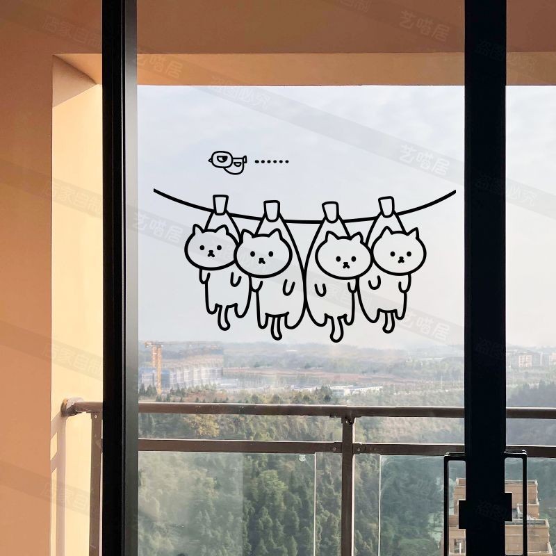 晒貓和鳥陽臺玻璃貼紙 推拉門窗貓咪寵物廚房客廳防撞裝飾貼