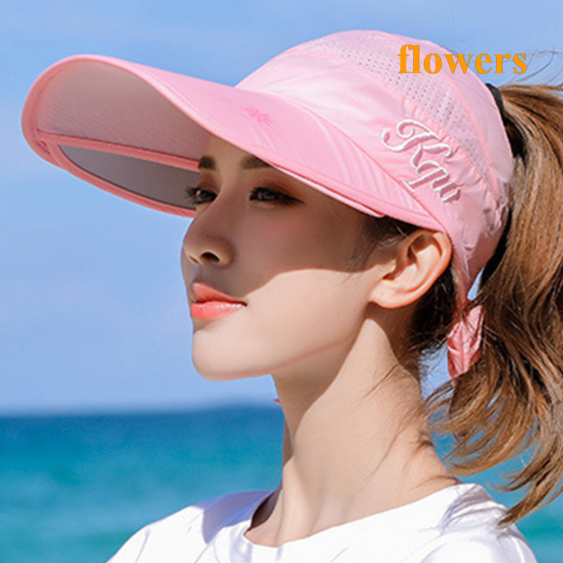 Flowers 時尚夏季太陽帽遮陽帽女可伸縮帽簷空頂棒球帽防紫外線沙灘遮陽帽女
