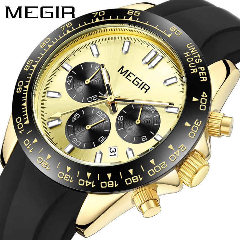 MEGIR新款男士矽膠錶帶手錶   商務休閒男士多功能計時防水三眼六針手錶 8104