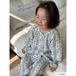 『兒童睡衣』夏季睡衣 居家服套裝 男童睡衣 女童睡衣 年睡衣春夏薄款寶寶卡通棉紗布家居服女童雙層薄款空調服套裝 HL