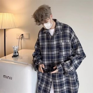 【HOT 本舖】男裝 美式復古格子襯衫套裝男潮長袖春秋寬鬆休閒情侶學生痞帥襯衣外套