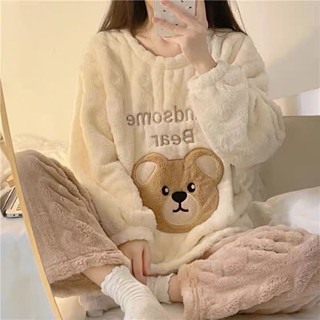 珊瑚絨睡衣女秋冬刷毛加厚長袖學生可愛法蘭絨家居服套