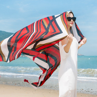 2024韓版女民族風條紋披肩圍巾兩用復古流蘇沙灘絲巾海邊