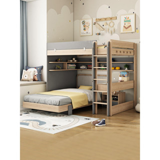 北歐高低床雙層上下床多功能組合床交錯位型式書桌床一體式兒童床
