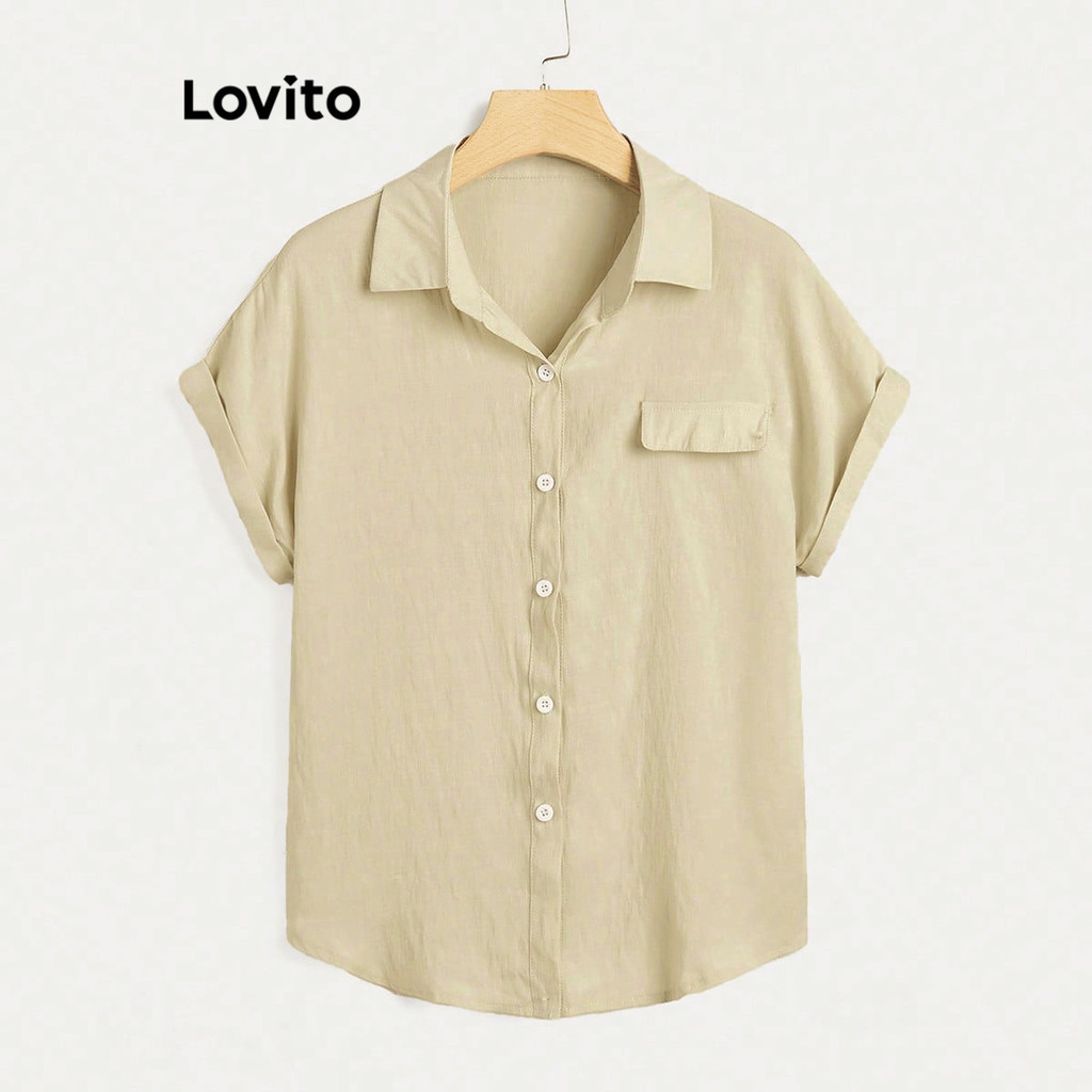 Lovito 女款休閒素色前紐帶假口袋襯衫 LSE02013