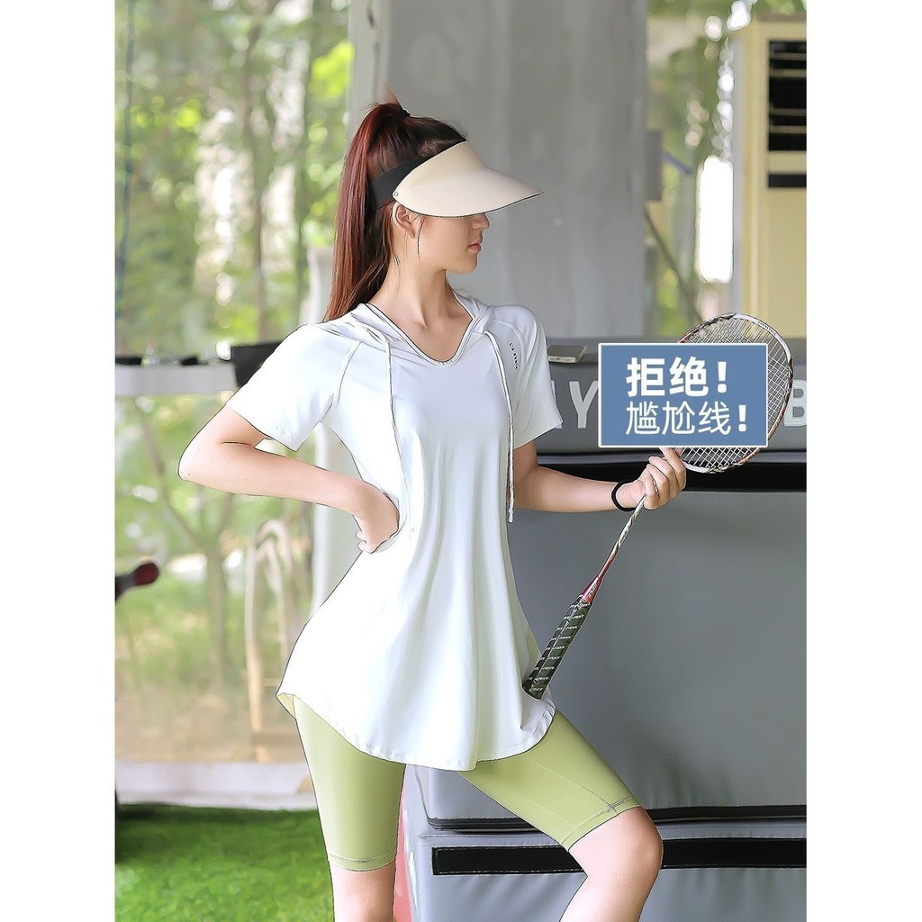 速乾運動T恤女連帽健身衣長款遮臀寬鬆版加大尺碼瑜伽短袖瑜伽罩衫