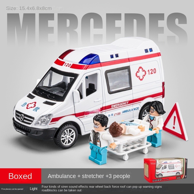 1:32賓士救護車擔架+人偶合金聲光回力兒童玩具汽車