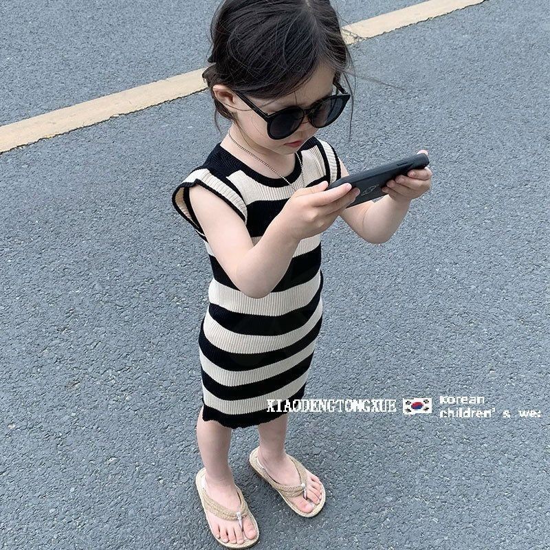 韓國童裝女童緊身連衣裙兒童冰絲針織弔帶裙女寶寶修身條紋背心裙