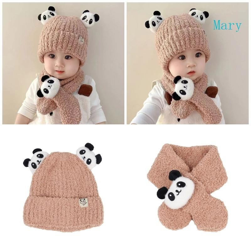 瑪麗嬰兒帽子圍巾卡通動物主題幼兒無簷小便帽圍巾可愛熊貓裝飾保暖帽子時尚頭飾