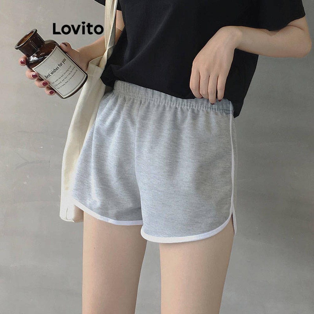Lovito 女士運動素色撞色綁帶運動短褲 LNE60522