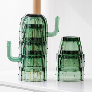 仙人掌復古綠色玻璃杯子套裝喝水家用高顏值水杯創意ins風可疊套杯組茶杯