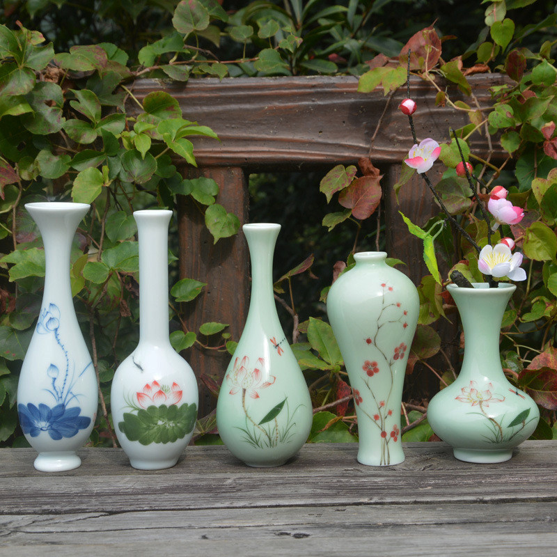 新中式純手繪青瓷花瓶 創意彩繪水培花器美人瓶 白瓷荷花梅花家居擺件