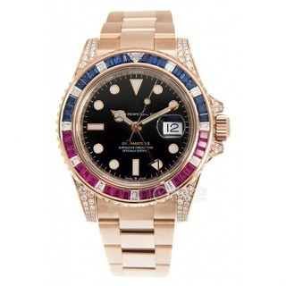 GMT 黑色錶盤 絢麗時尚彩虹鑽外圈，精緻不鏽鋼錶帶 奢華魅力高級男士腕錶 勞力家 魅力自動機械男表
