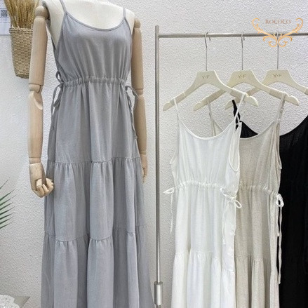 【Rococo】韓版棉麻細肩縮腰洋裝 一件式洋裝 寬鬆長洋 度假洋裝 夏天洋裝 海邊洋裝 蛋糕長裙 2096F