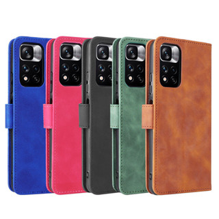 Xiaomi 小米紅米Note11 5G手機套pocoM4pro5G磁扣翻蓋多卡糟膚感牛皮紋皮套素面色書本式防摔手機殼套