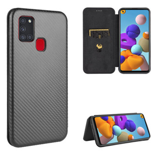 適用Samsung 三星A21S手機套Galaxy A21s保護殼磁扣插卡翻蓋耐臟耐磨碳纖維皮套素面書本式手機殼