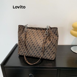 Lovito 休閒幾何全復古印花金屬鏈條手提包大容量簡約實用女士包 LFA66088