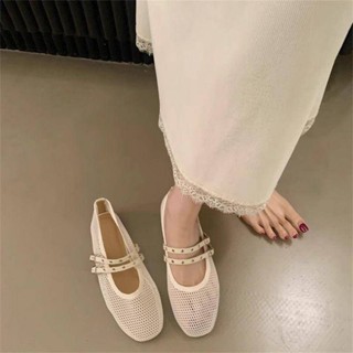 【臺灣出貨】法式小眾鏤空網面單鞋女2025新款雙扣帶芭蕾舞鞋透氣軟底瑪麗珍鞋 芭蕾鞋 平底鞋 包鞋 平底鞋女
