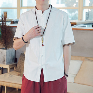 男士棉麻短袖襯衫民族風大尺碼立領盤扣素色百搭亞麻短袖襯衫韓版日系襯衫透氣排汗唐裝漢服太極服茶服禪服居士服現貨