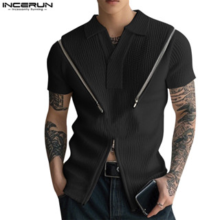Incerun 男士解構金屬拉鍊紋理領上衣 POLO 衫