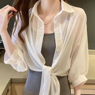 新店特惠配弔帶裙子雪紡衫小披肩薄款襯衫開衫防曬上衣女2024新款夏季外搭