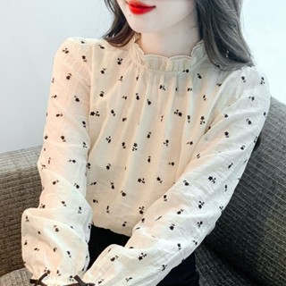 秋季新款半高領法式洋氣寬鬆顯瘦碎花打底衫女士襯衫百搭長袖上衣