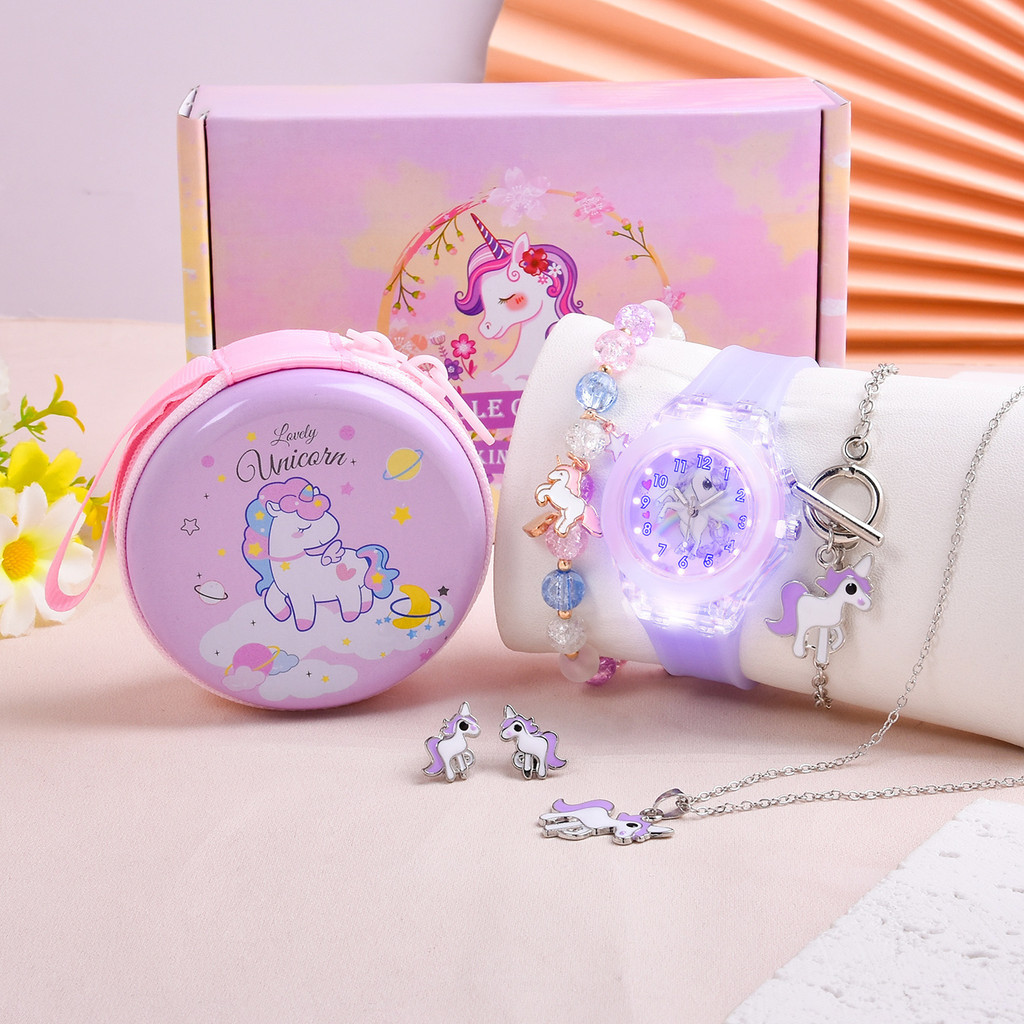 6 件/套全新 LED 兒童手錶和獨角獸圓形手提包和項鍊手鍊耳環女孩聖誕節生日無盒