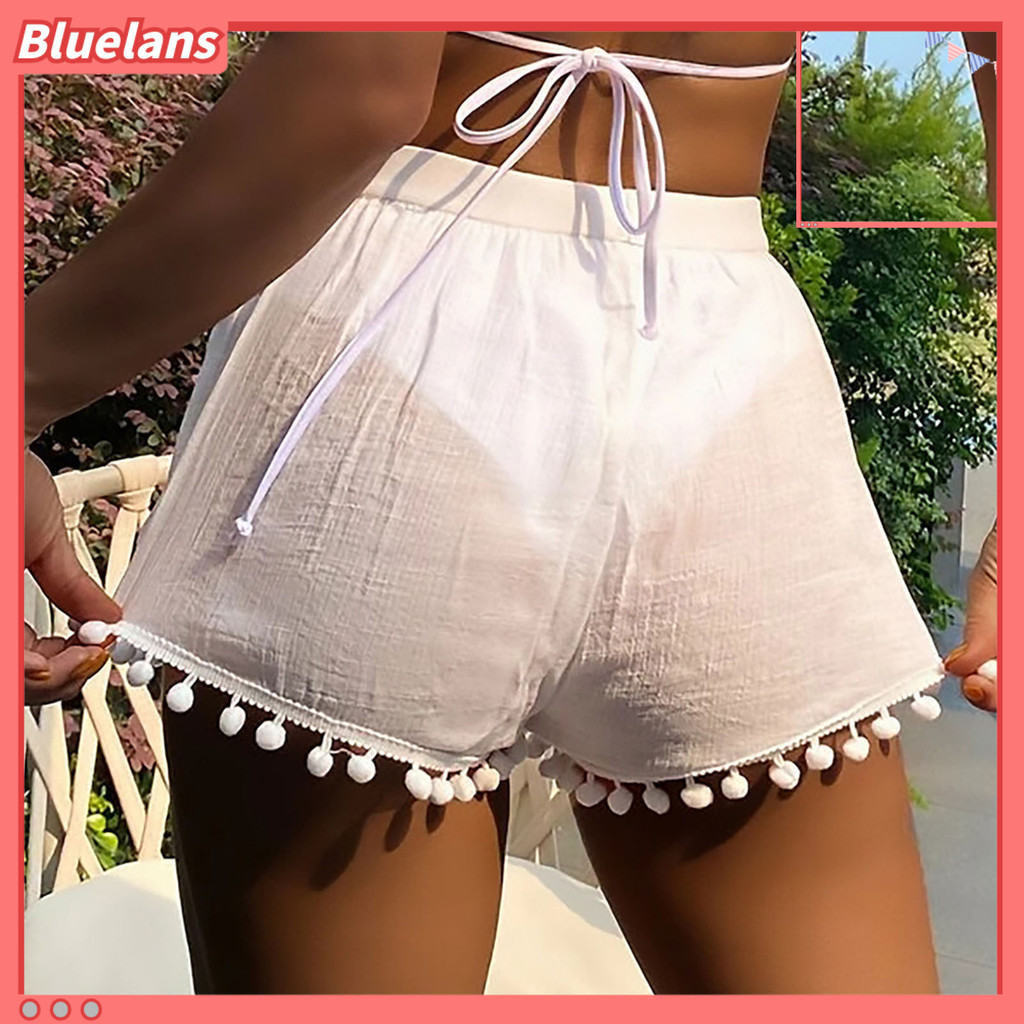 [BL]女士沙灘短褲透明薄款純色高彈腰速乾毛絨球裝飾比基尼罩衫短褲夏季運動慢跑短褲