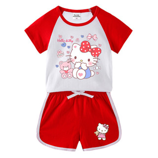 凱蒂貓 兒童夏裝套裝 Hello Kitty 男女寶寶熱褲 短袖T恤 短褲 休閒運動童兩件套