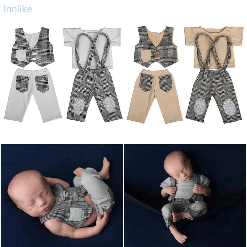 Inn 嬰兒攝影道具套裝男嬰 0-2M 拍照服裝褲子背心上衣新生兒里程碑擺姿勢 Clo