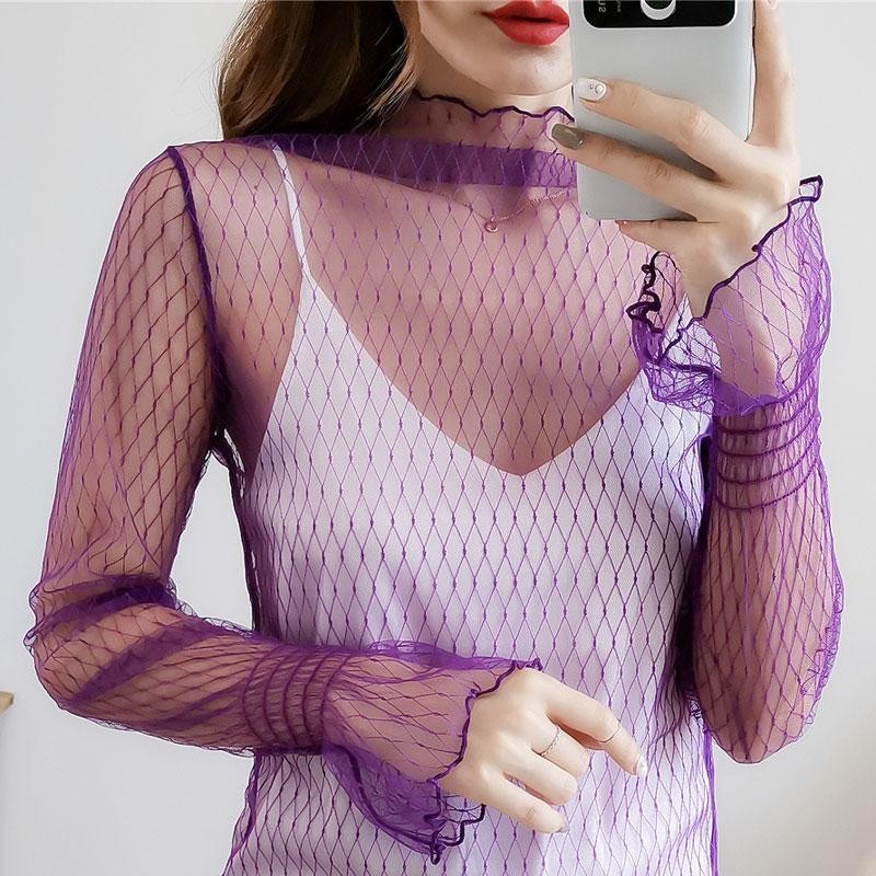 紫色 網紗 打底衫 女 長袖 蕾絲 半高領 喇叭袖 網狀 網格 內搭 上衣 透明 透視