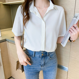 黑色襯衫女夏薄款設計感小眾雪紡上衣2025年新款短袖職業白色襯衣 韓版襯衫 夏天上衣 女生襯衫 短袖襯衫「樂購」