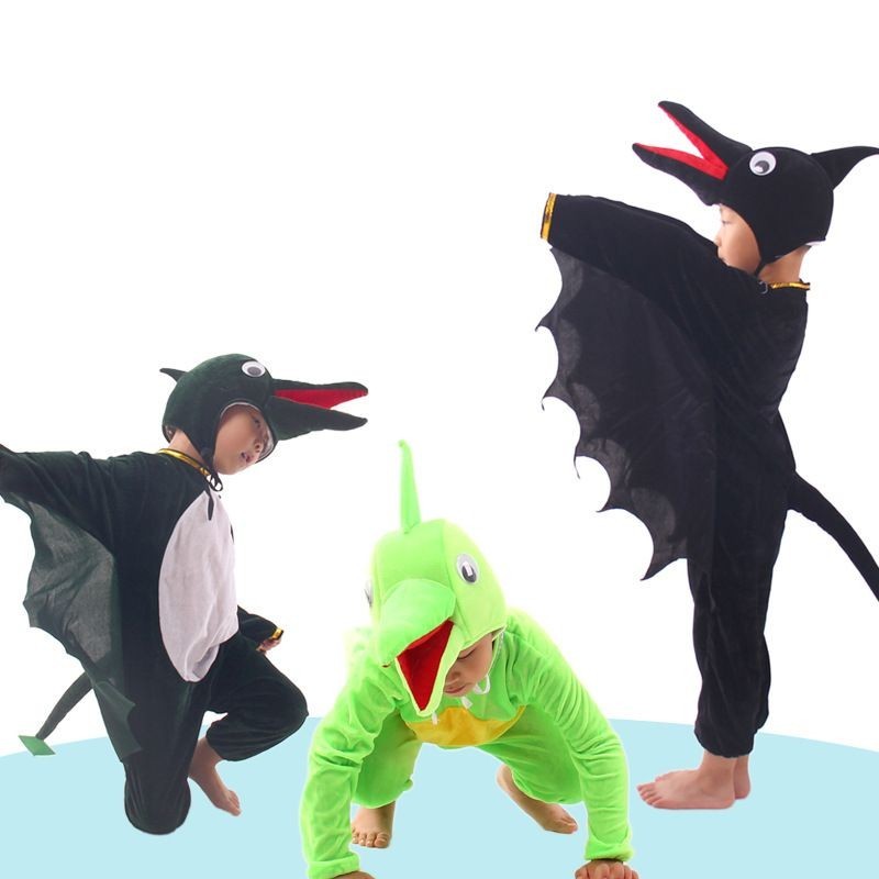 男女兒童動物表演服卡通造型黑色翼龍表演服綠色長嘴龍親子舞蹈服