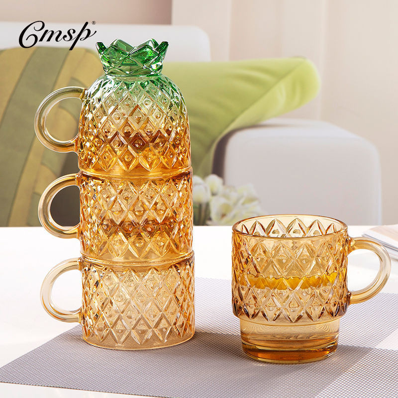 玻璃水杯 鳳梨杯 創意 輕奢 彩色 玻璃杯 成套組合 疊疊杯 套裝 歐式玻璃杯