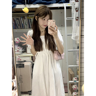 溫柔風長裙仙女甜美氣質小裙子白色方領洋裝
